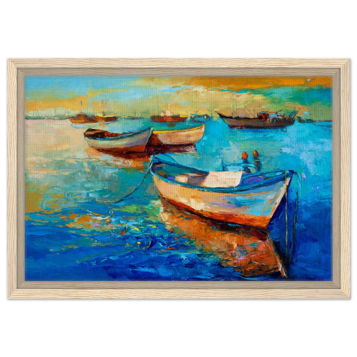 “Harbor Whispers” – Vibrant Boat Reflections on Canvas | Wall art Print - Framed Canvas - 30x45 cm / 12x18″ - Wood frame