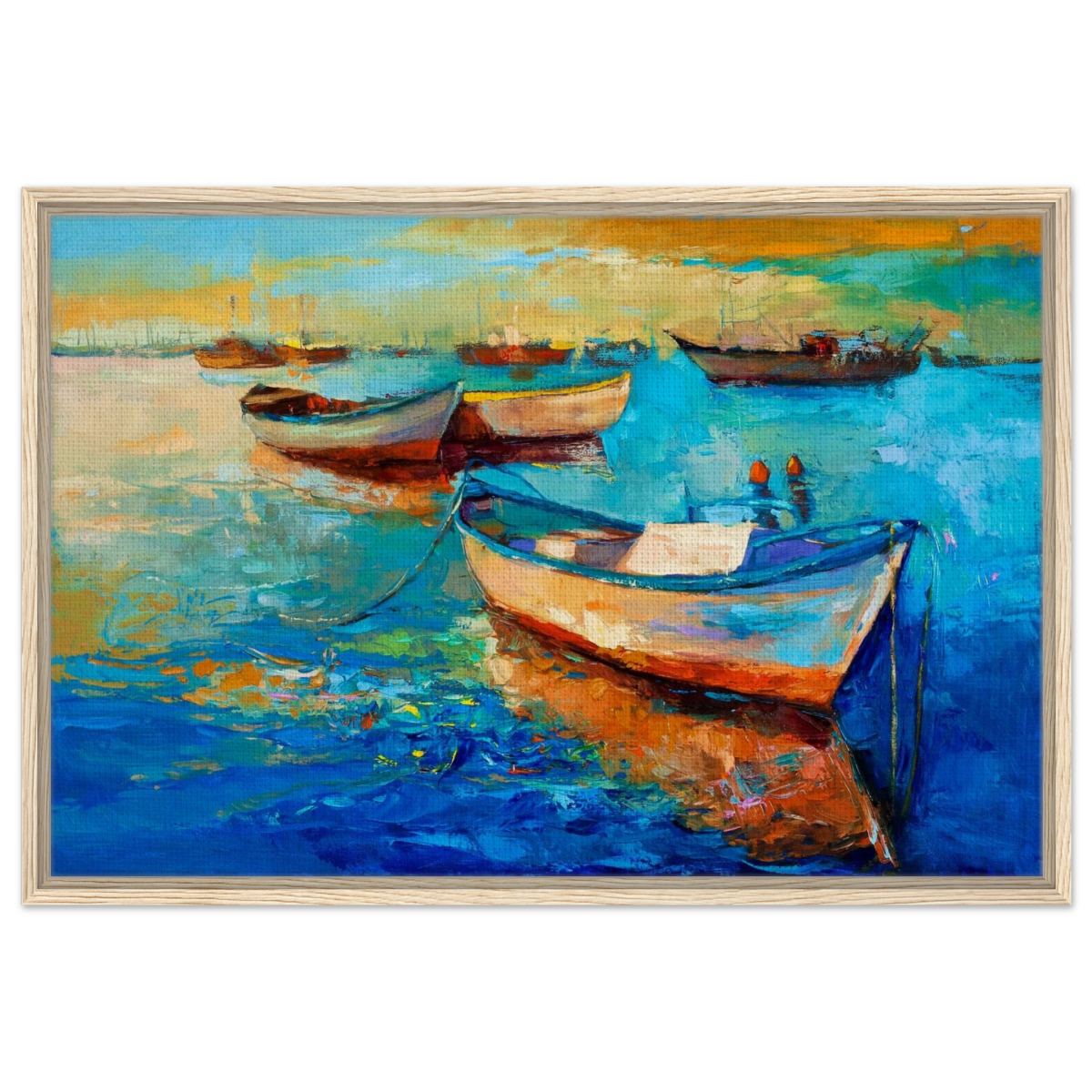 “Harbor Whispers” – Vibrant Boat Reflections on Canvas | Wall art Print - Framed Canvas - 60x90 cm / 24x36″ - Wood frame