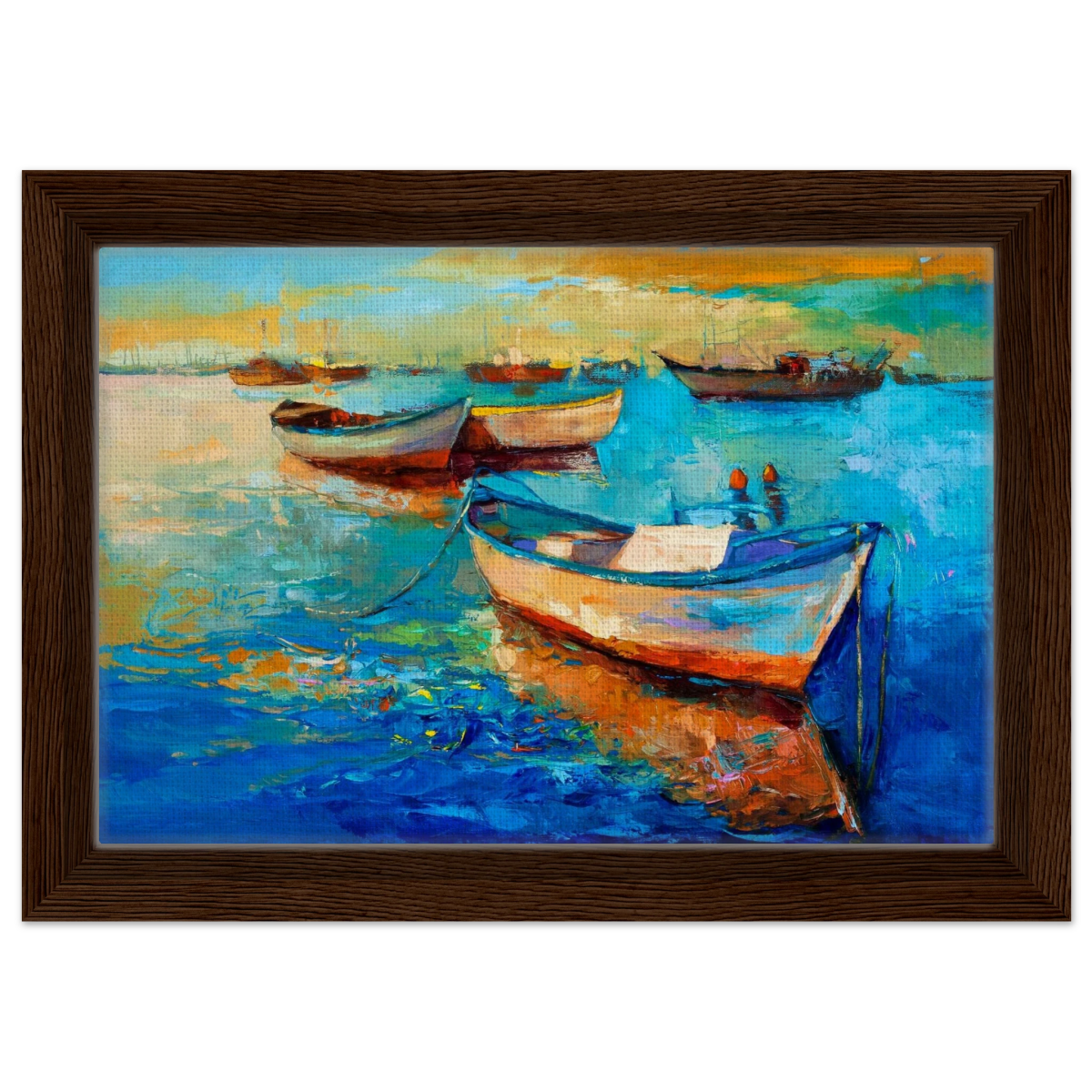“Harbor Whispers” – Vibrant Boat Reflections on Canvas | Wall art Print - Framed Canvas - 20x30 cm / 8x12″ - Dark wood frame