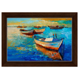 “Harbor Whispers” – Vibrant Boat Reflections on Canvas | Wall art Print - Framed Canvas - 20x30 cm / 8x12″ - Dark wood frame