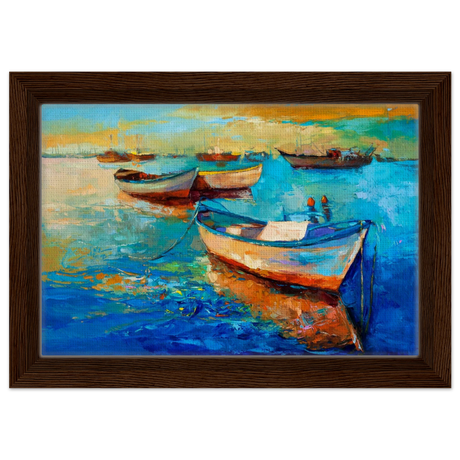 “Harbor Whispers” – Vibrant Boat Reflections on Canvas | Wall art Print - Framed Canvas - 20x30 cm / 8x12″ - Dark wood frame