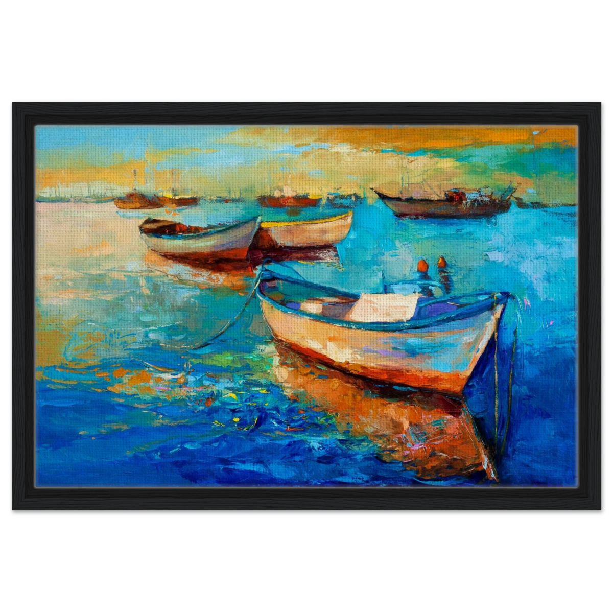 “Harbor Whispers” – Vibrant Boat Reflections on Canvas | Wall art Print - Framed Canvas - 40x60 cm / 16x24″ - Black frame