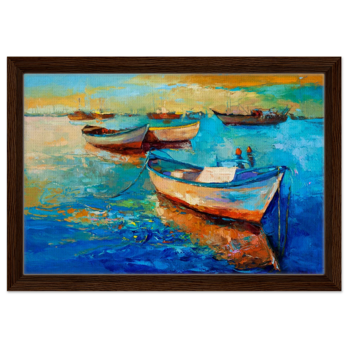 “Harbor Whispers” – Vibrant Boat Reflections on Canvas | Wall art Print - Framed Canvas - 30x45 cm / 12x18″ - Dark wood frame