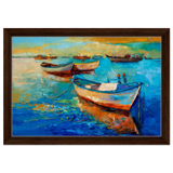 “Harbor Whispers” – Vibrant Boat Reflections on Canvas | Wall art Print - Framed Canvas - 30x45 cm / 12x18″ - Dark wood frame