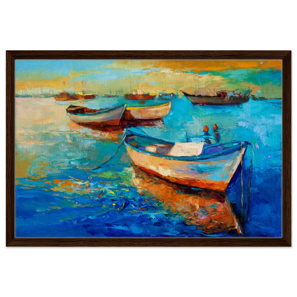 “Harbor Whispers” – Vibrant Boat Reflections on Canvas | Wall art Print - Framed Canvas - 50x75 cm / 20x30″ - Dark wood frame