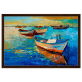 “Harbor Whispers” – Vibrant Boat Reflections on Canvas | Wall art Print - Framed Canvas - 50x75 cm / 20x30″ - Dark wood frame