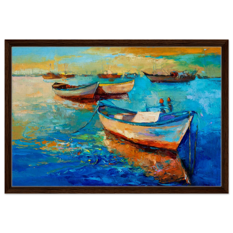 “Harbor Whispers” – Vibrant Boat Reflections on Canvas | Wall art Print - Framed Canvas - 50x75 cm / 20x30″ - Dark wood frame