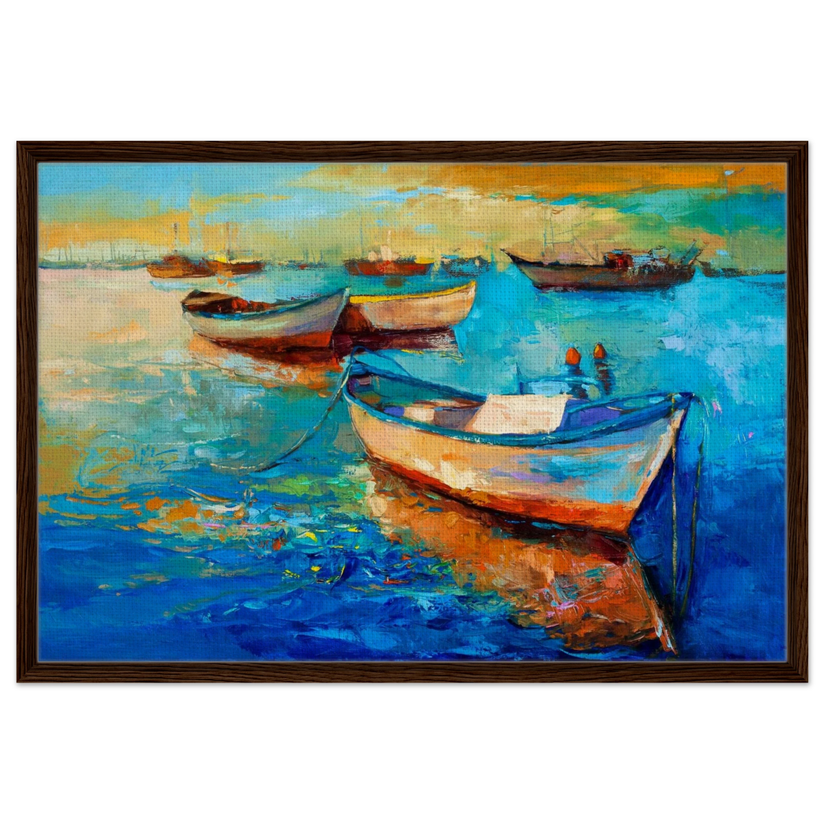 “Harbor Whispers” – Vibrant Boat Reflections on Canvas | Wall art Print - Framed Canvas - 60x90 cm / 24x36″ - Dark wood frame