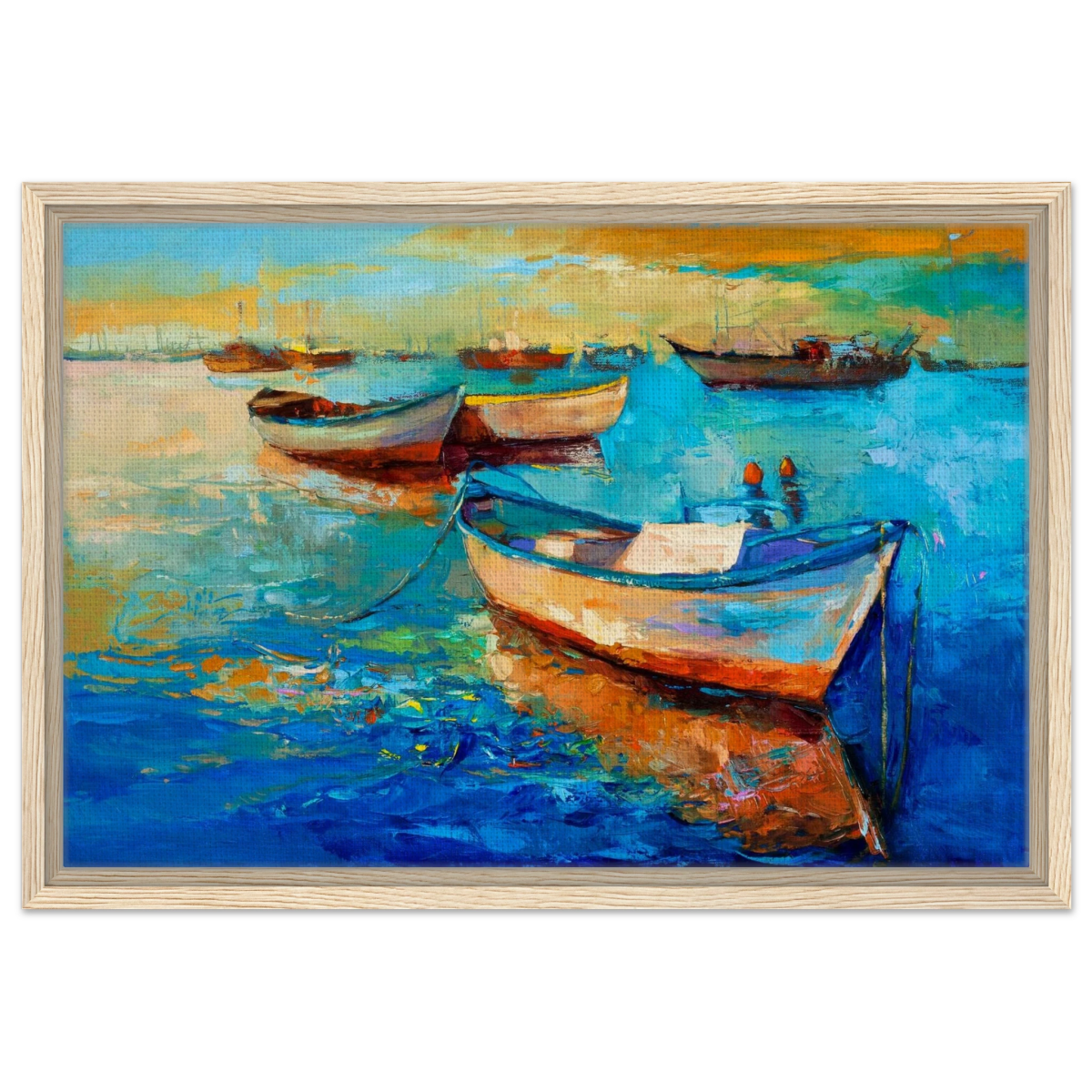 “Harbor Whispers” – Vibrant Boat Reflections on Canvas | Wall art Print - Framed Canvas - 40x60 cm / 16x24″ - Wood frame