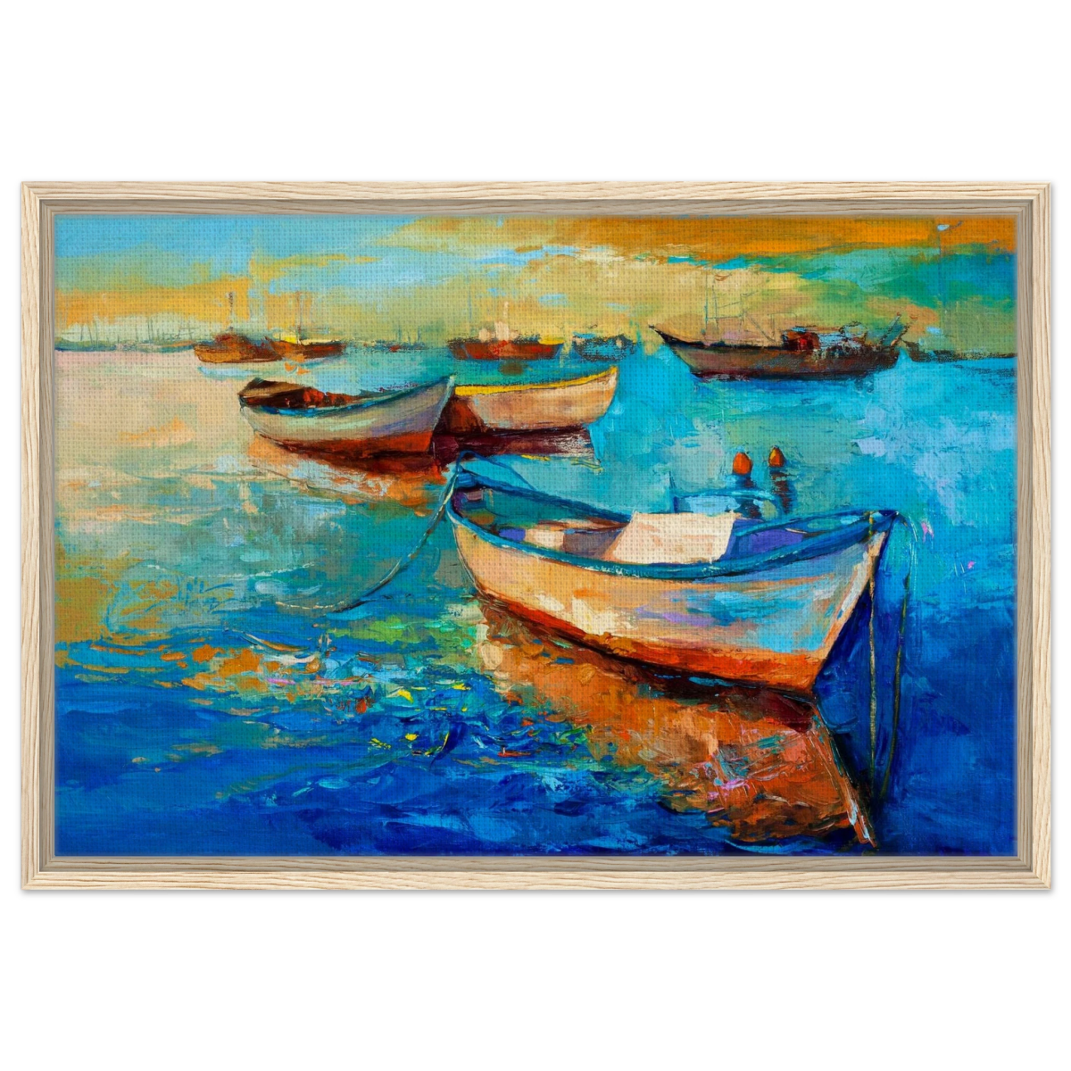 “Harbor Whispers” – Vibrant Boat Reflections on Canvas | Wall art Print - Framed Canvas - 50x75 cm / 20x30″ - Wood frame