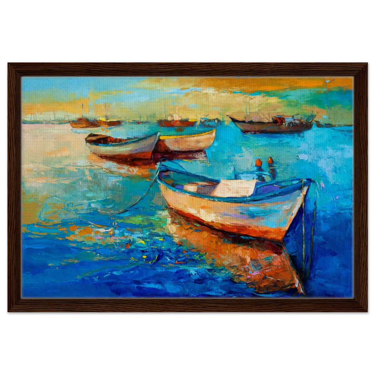 “Harbor Whispers” – Vibrant Boat Reflections on Canvas | Wall art Print - Framed Canvas - 40x60 cm / 16x24″ - Dark wood frame
