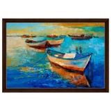 “Harbor Whispers” – Vibrant Boat Reflections on Canvas | Wall art Print - Framed Canvas - 40x60 cm / 16x24″ - Dark wood frame