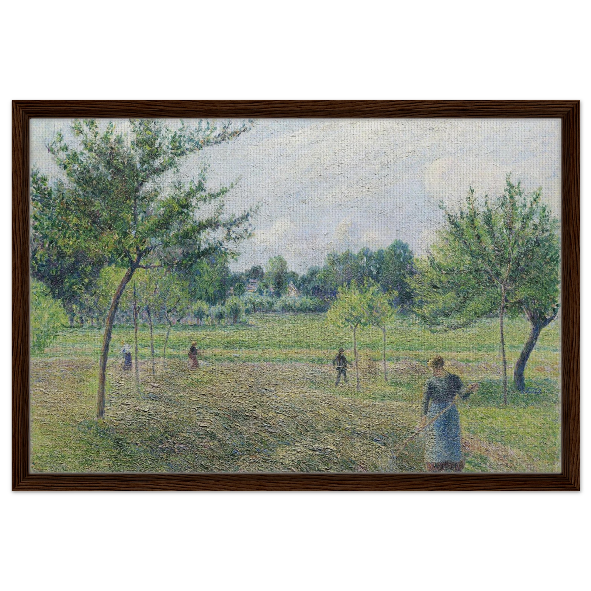 "Haymaking at Éragny" by Camille Pissarro – French Impressionist Rural Landscape Art Print - Framed Canvas - 50x75 cm / 20x30″ - Dark wood frame
