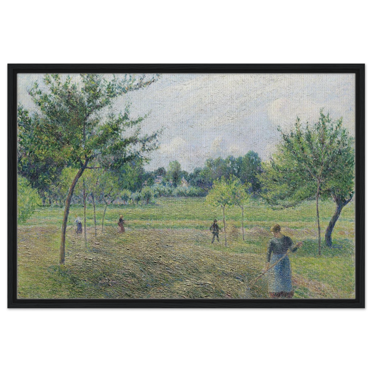 "Haymaking at Éragny" by Camille Pissarro – French Impressionist Rural Landscape Art Print - Framed Canvas - 60x90 cm / 24x36″ - Black frame
