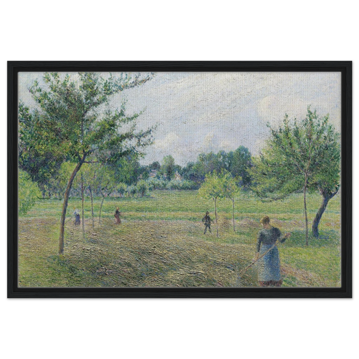 "Haymaking at Éragny" by Camille Pissarro – French Impressionist Rural Landscape Art Print - Framed Canvas - 50x75 cm / 20x30″ - Black frame