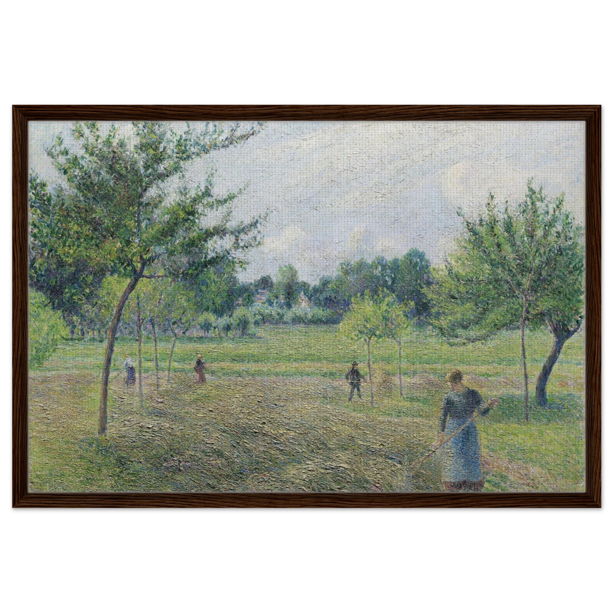 "Haymaking at Éragny" by Camille Pissarro – French Impressionist Rural Landscape Art Print - Framed Canvas - 60x90 cm / 24x36″ - Dark wood frame