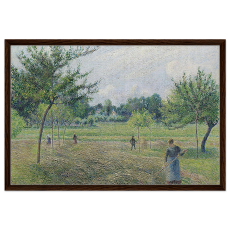 "Haymaking at Éragny" by Camille Pissarro – French Impressionist Rural Landscape Art Print - Framed Canvas - 60x90 cm / 24x36″ - Dark wood frame
