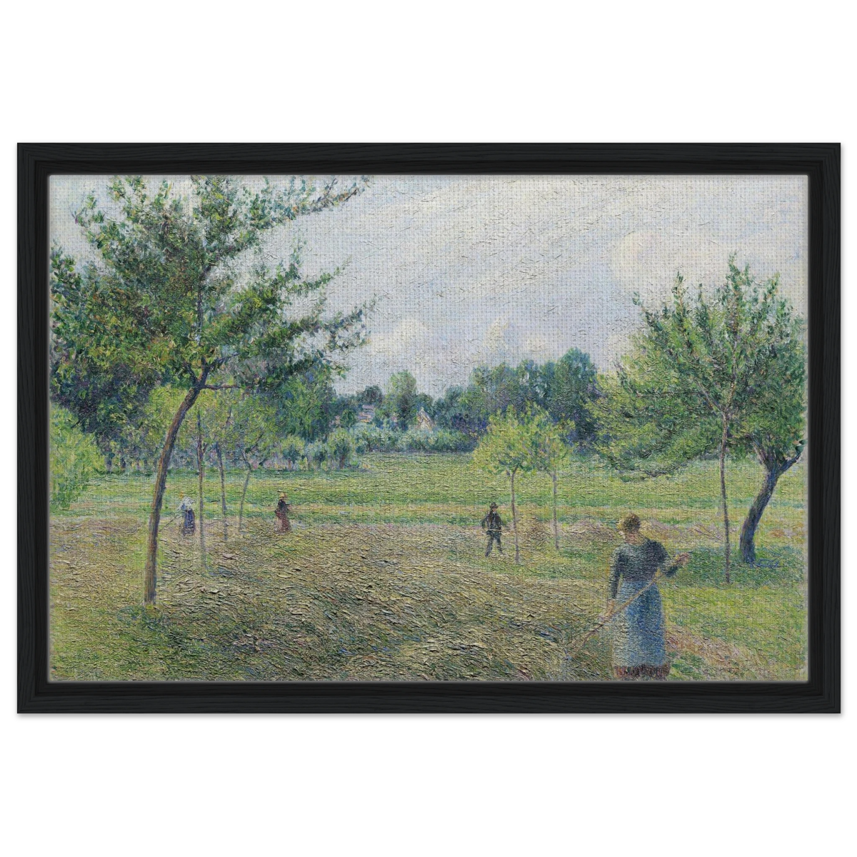 "Haymaking at Éragny" by Camille Pissarro – French Impressionist Rural Landscape Art Print - Framed Canvas - 40x60 cm / 16x24″ - Black frame