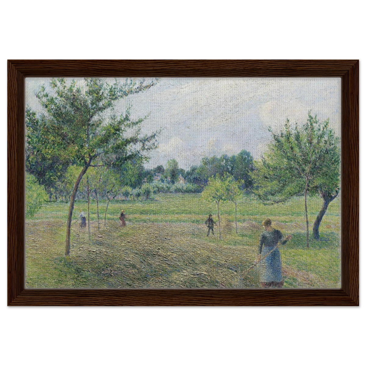 "Haymaking at Éragny" by Camille Pissarro – French Impressionist Rural Landscape Art Print - Framed Canvas - 30x45 cm / 12x18″ - Dark wood frame