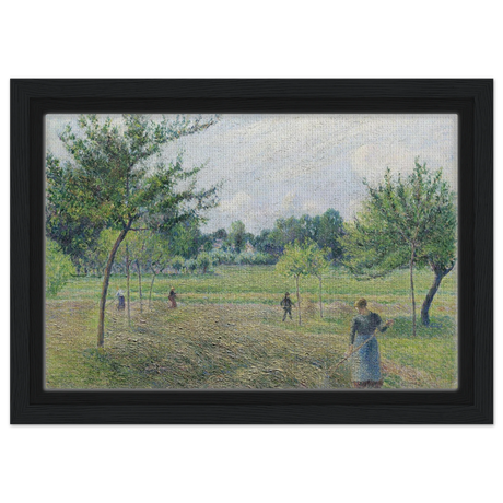 "Haymaking at Éragny" by Camille Pissarro – French Impressionist Rural Landscape Art Print - Framed Canvas - 20x30 cm / 8x12″ - Black frame