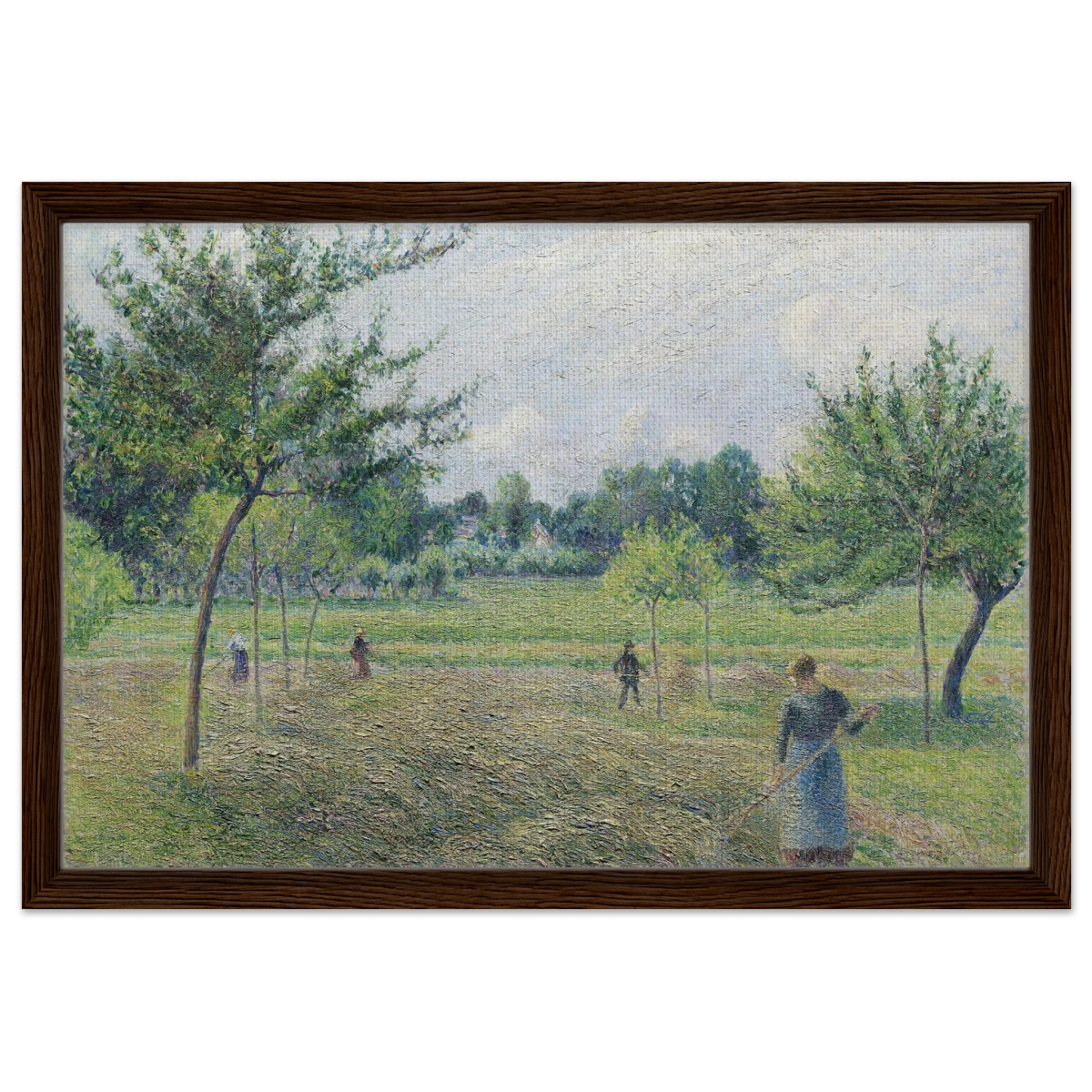 "Haymaking at Éragny" by Camille Pissarro – French Impressionist Rural Landscape Art Print - Framed Canvas - 40x60 cm / 16x24″ - Dark wood frame