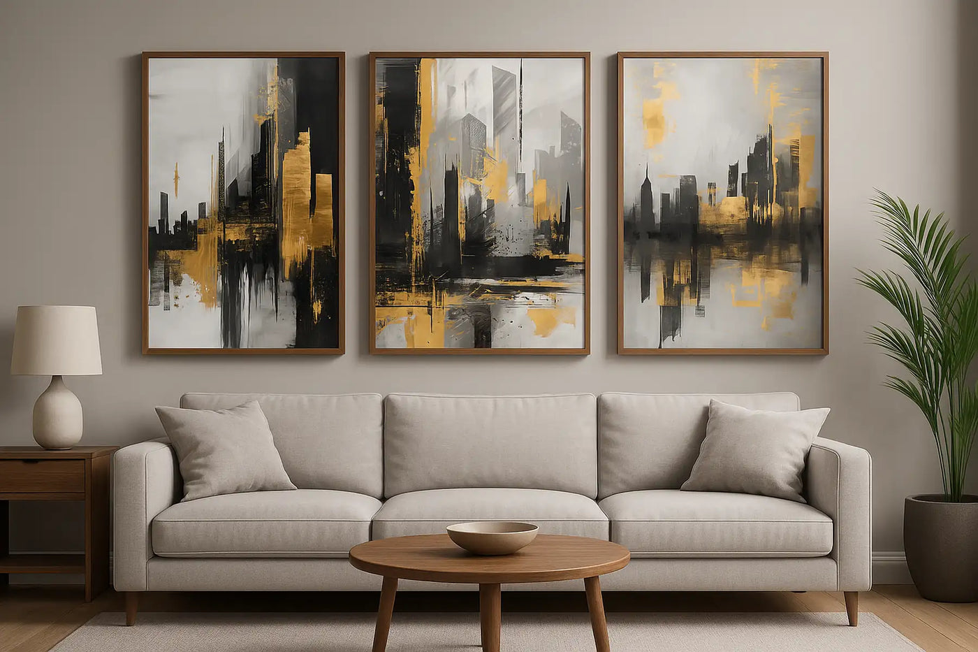 Gray sofa with three abstract modern paintings above it in a living room setting.