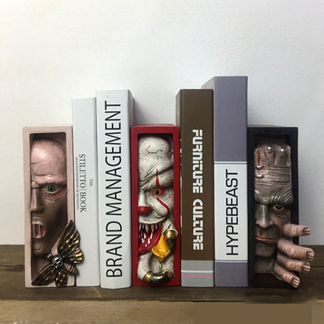 Horror Peeping Human Face Resin Bookend – Creepy Bookshelf Sculpture - A - 