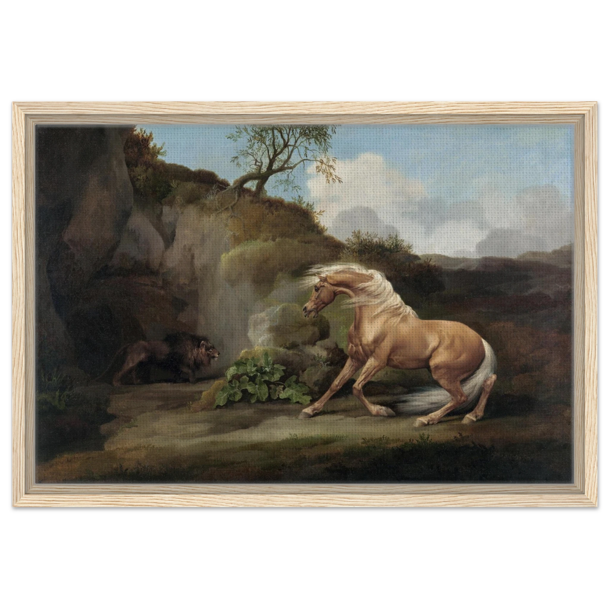 Horse Frightened by a Lion – George Stubbs Wall Art Print - Framed Canvas - 40x60 cm / 16x24″ - Wood frame
