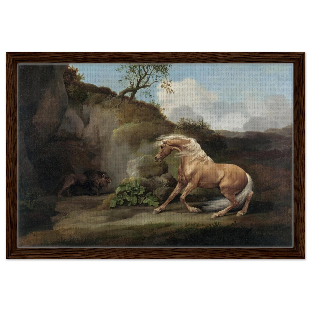 Horse Frightened by a Lion – George Stubbs Wall Art Print - Framed Canvas - 40x60 cm / 16x24″ - Dark wood frame