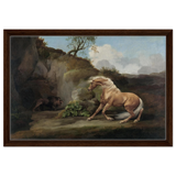 Horse Frightened by a Lion – George Stubbs Wall Art Print - Framed Canvas - 40x60 cm / 16x24″ - Dark wood frame