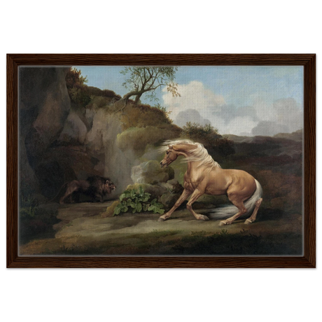 Horse Frightened by a Lion – George Stubbs Wall Art Print - Framed Canvas - 40x60 cm / 16x24″ - Dark wood frame