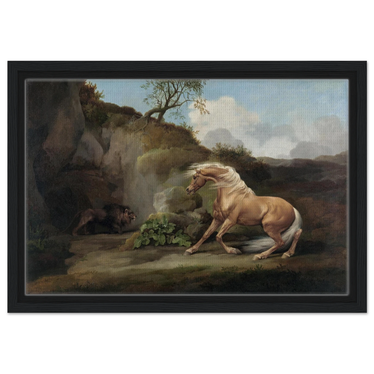 Horse Frightened by a Lion – George Stubbs Wall Art Print - Framed Canvas - 30x45 cm / 12x18″ - Black frame