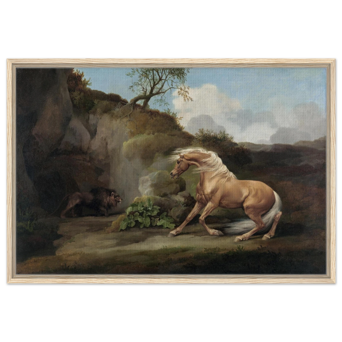 Horse Frightened by a Lion – George Stubbs Wall Art Print - Framed Canvas - 60x90 cm / 24x36″ - Wood frame