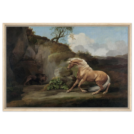 Horse Frightened by a Lion – George Stubbs Wall Art Print - Framed Canvas - 60x90 cm / 24x36″ - Wood frame