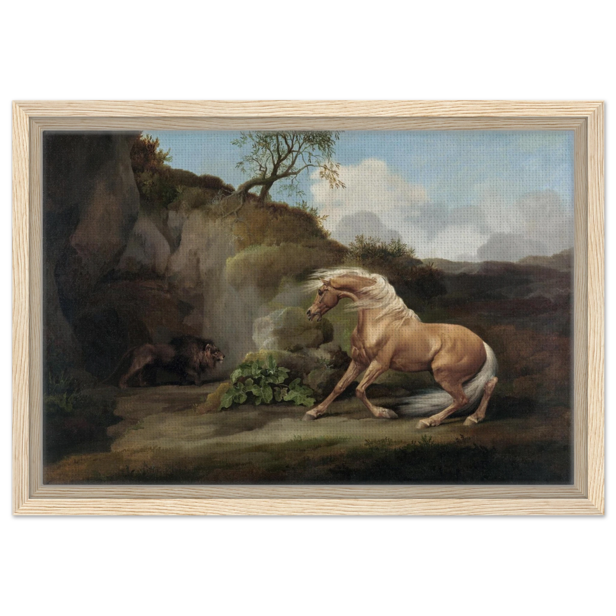 Horse Frightened by a Lion – George Stubbs Wall Art Print - Framed Canvas - 30x45 cm / 12x18″ - Wood frame