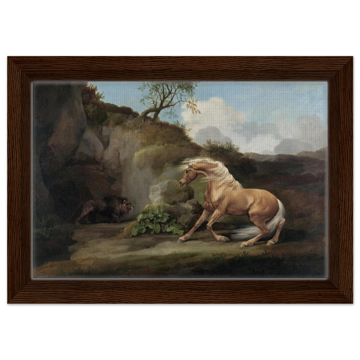 Horse Frightened by a Lion – George Stubbs Wall Art Print - Framed Canvas - 20x30 cm / 8x12″ - Dark wood frame