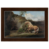 Horse Frightened by a Lion – George Stubbs Wall Art Print - Framed Canvas - 20x30 cm / 8x12″ - Dark wood frame