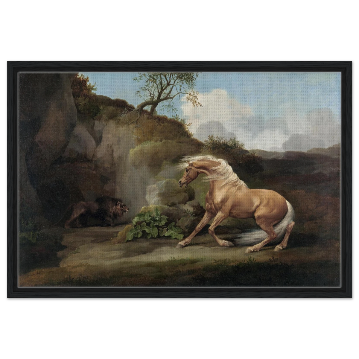 Horse Frightened by a Lion – George Stubbs Wall Art Print - Framed Canvas - 50x75 cm / 20x30″ - Black frame