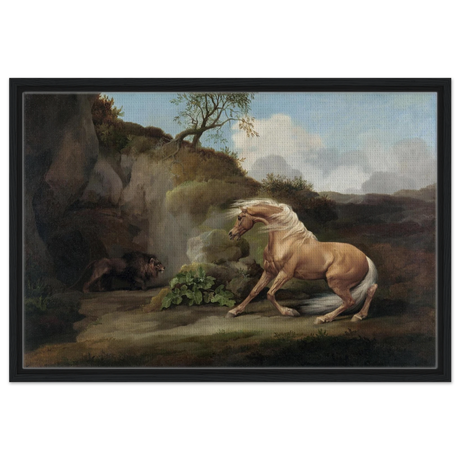 Horse Frightened by a Lion – George Stubbs Wall Art Print - Framed Canvas - 50x75 cm / 20x30″ - Black frame