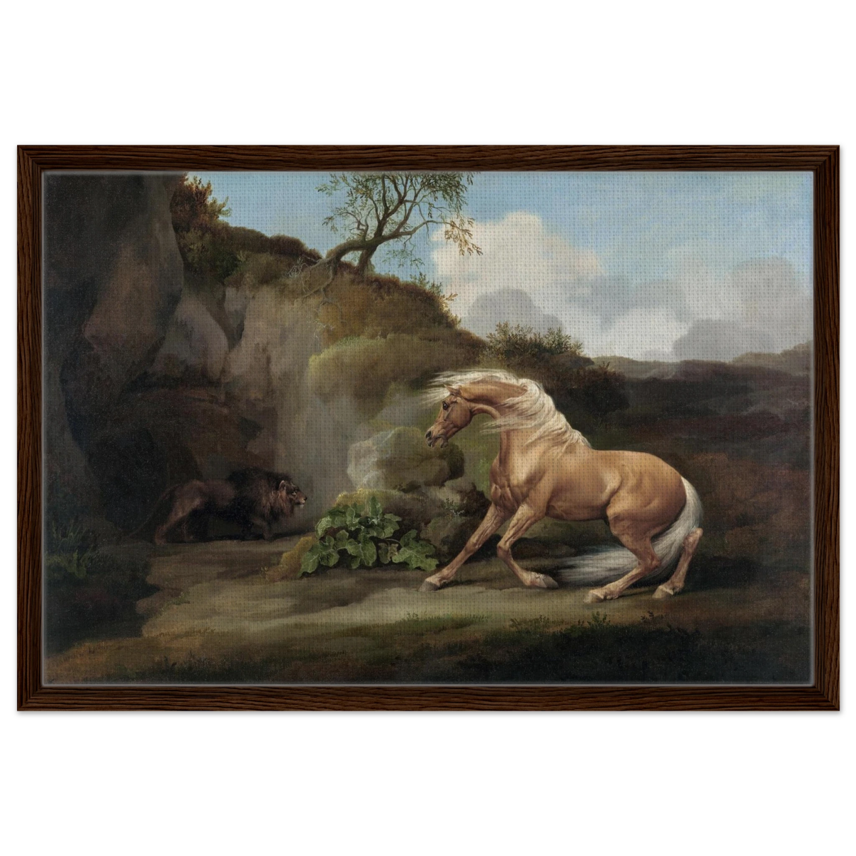 Horse Frightened by a Lion – George Stubbs Wall Art Print - Framed Canvas - 50x75 cm / 20x30″ - Dark wood frame