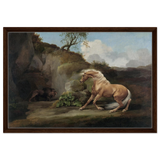 Horse Frightened by a Lion – George Stubbs Wall Art Print - Framed Canvas - 50x75 cm / 20x30″ - Dark wood frame