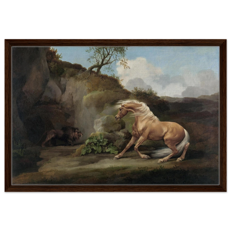 Horse Frightened by a Lion – George Stubbs Wall Art Print - Framed Canvas - 50x75 cm / 20x30″ - Dark wood frame
