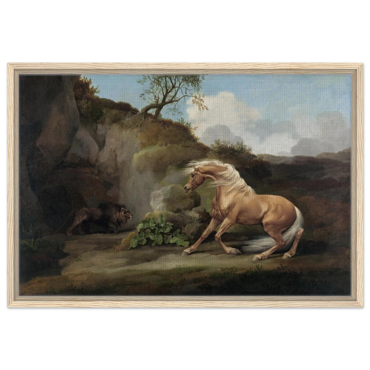 Horse Frightened by a Lion – George Stubbs Wall Art Print - Framed Canvas - 50x75 cm / 20x30″ - Wood frame