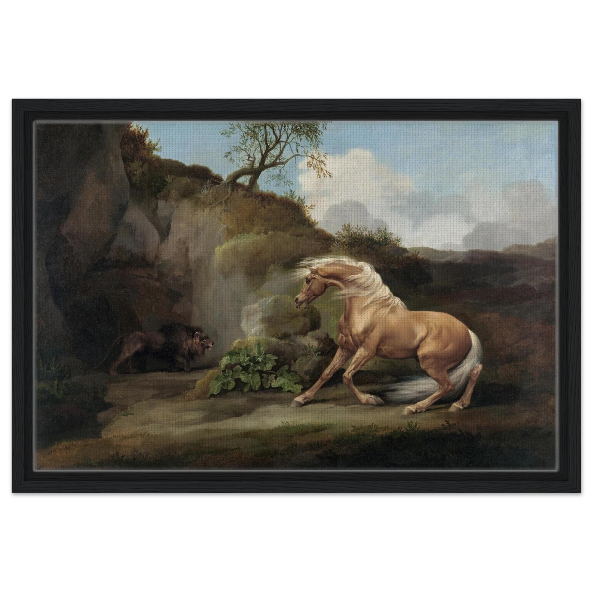 Horse Frightened by a Lion – George Stubbs Wall Art Print - Framed Canvas - 40x60 cm / 16x24″ - Black frame