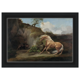 Horse Frightened by a Lion – George Stubbs Wall Art Print - Framed Canvas - 20x30 cm / 8x12″ - Black frame