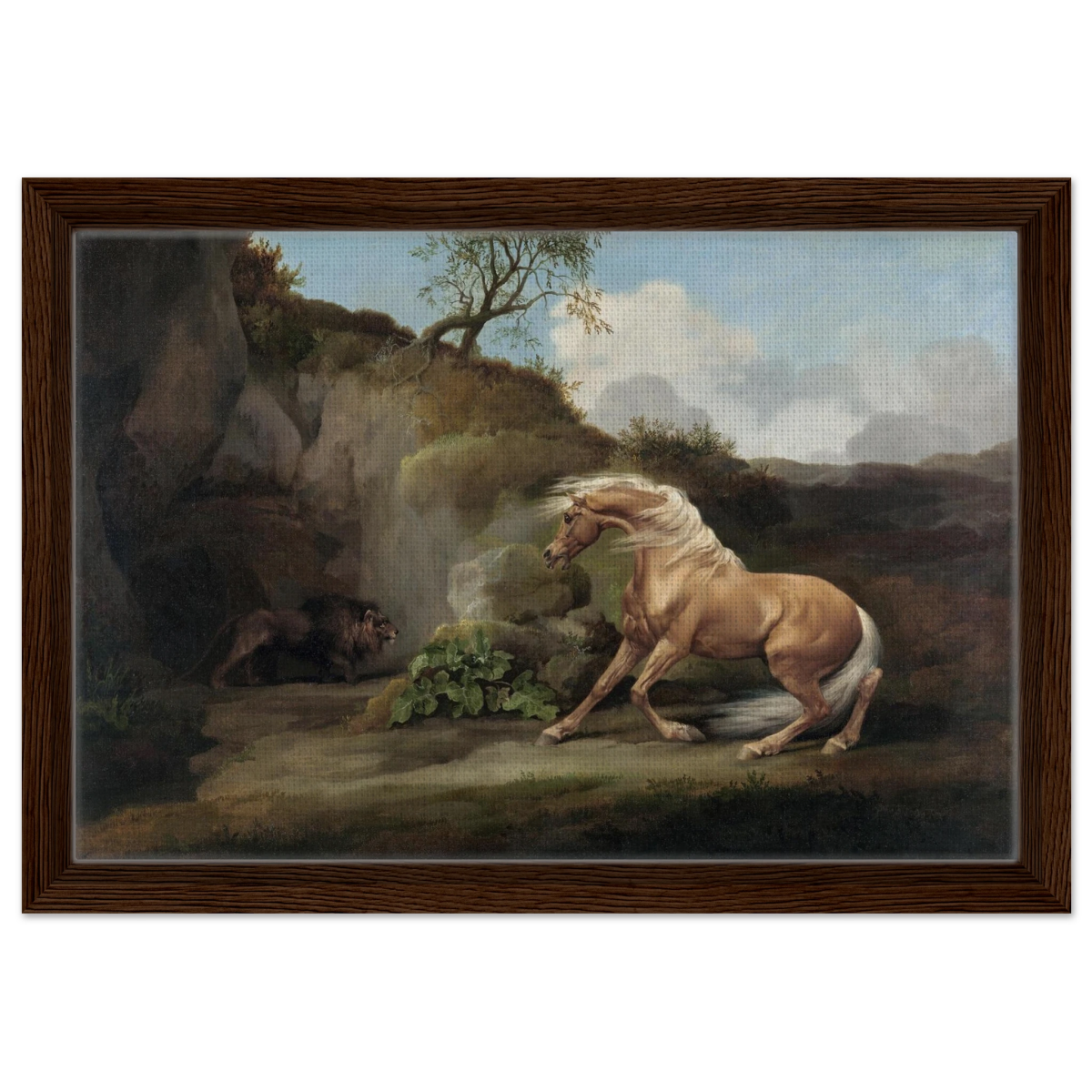Horse Frightened by a Lion – George Stubbs Wall Art Print - Framed Canvas - 30x45 cm / 12x18″ - Dark wood frame