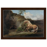 Horse Frightened by a Lion – George Stubbs Wall Art Print - Framed Canvas - 30x45 cm / 12x18″ - Dark wood frame