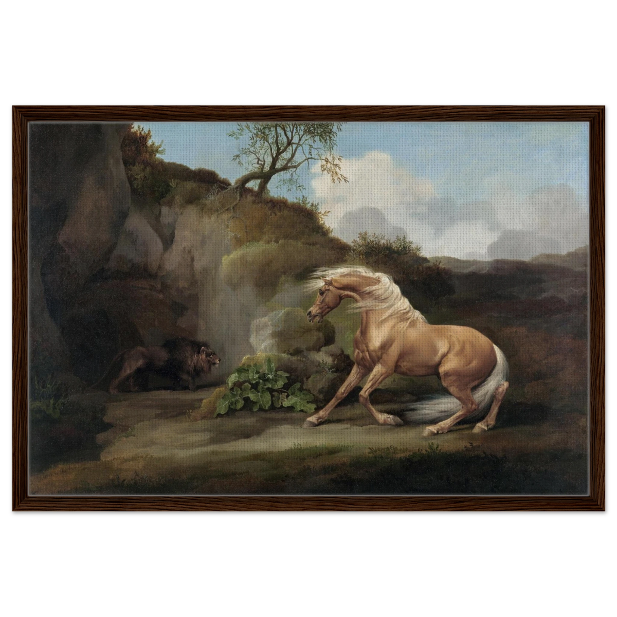 Horse Frightened by a Lion – George Stubbs Wall Art Print - Framed Canvas - 60x90 cm / 24x36″ - Dark wood frame