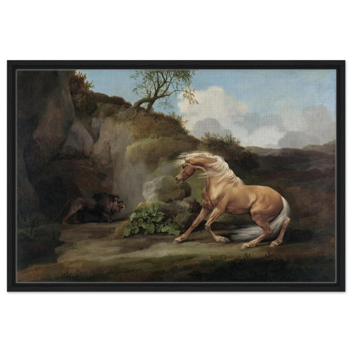 Horse Frightened by a Lion – George Stubbs Wall Art Print - Framed Canvas - 60x90 cm / 24x36″ - Black frame
