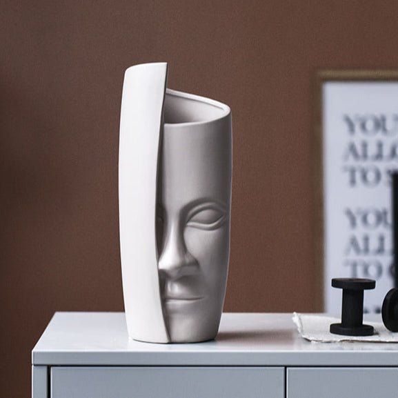 Individual ceramic face art vase decoration - Beige - 